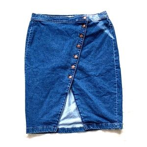 Asymmetrical button midi denim skirt